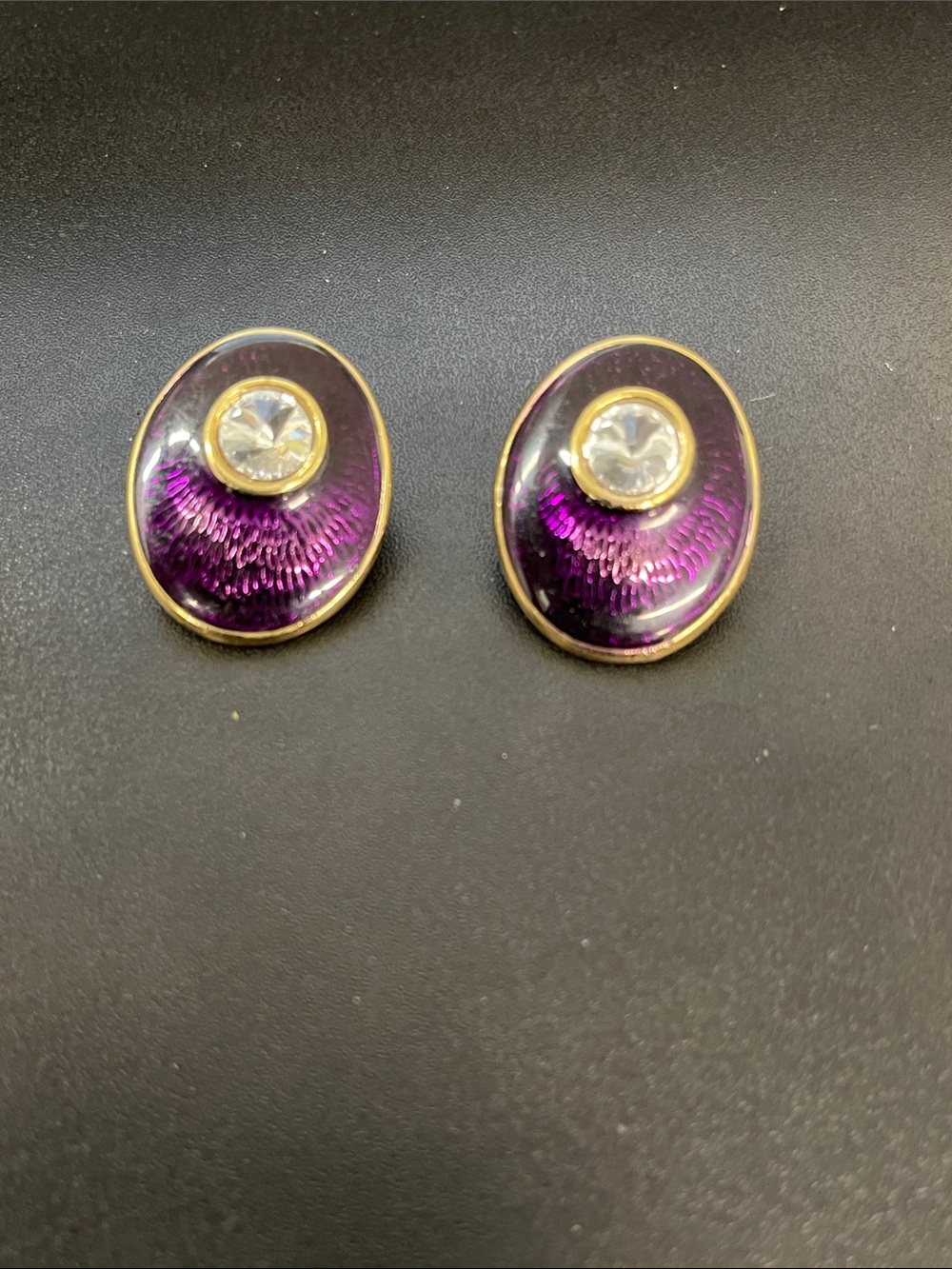 Purple Enamel Oval Stud Earrings with Crystal Accent
